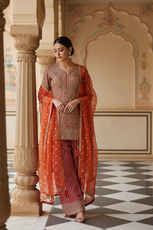 Rust Georgette Readymade Suit & Palazzo Pant With georgette Dupatta