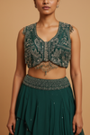 Bottle Green Crepe Lehenga Set And Net Dupatta With Readymade Blouse