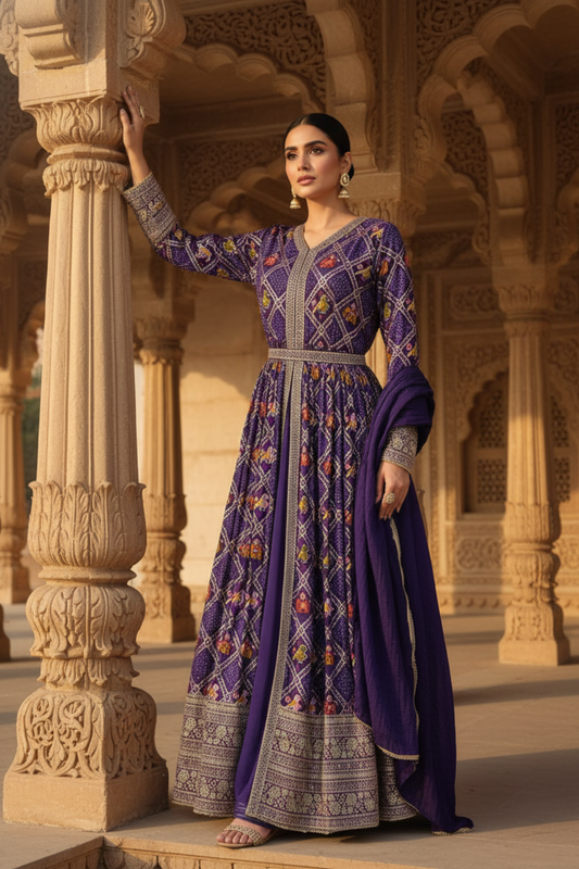 Draped in Royalty Purple Tissue Readymade Suit Set And Pant With Chinon Dupatta