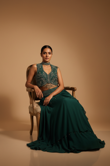 Bottle Green Crepe Lehenga Set And Net Dupatta With Readymade Blouse