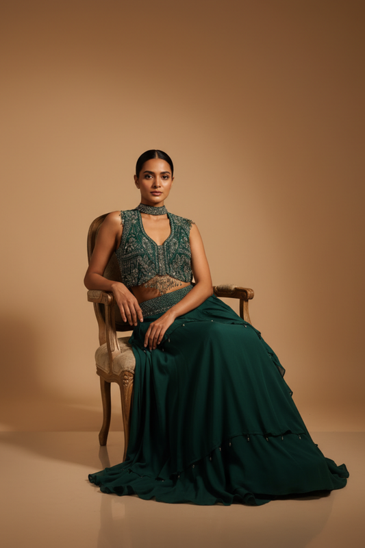 Bottle Green Crepe Lehenga Set And Net Dupatta With Readymade Blouse