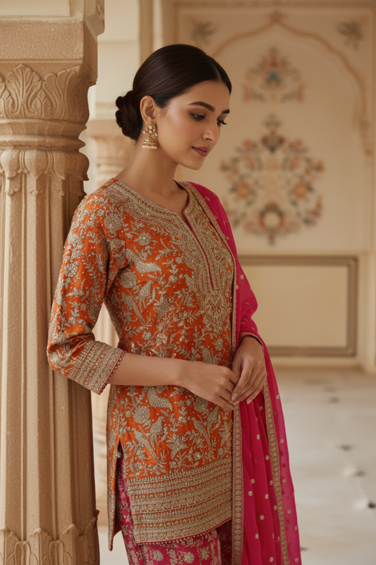 Orange Rani Georgette Readymade Suit & Palazzo Pant With georgette Dupatta