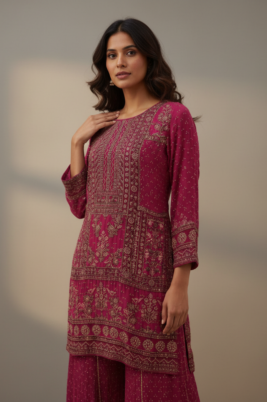 Rani Crepe Readymade Sharara Set With Crepe Dupatta