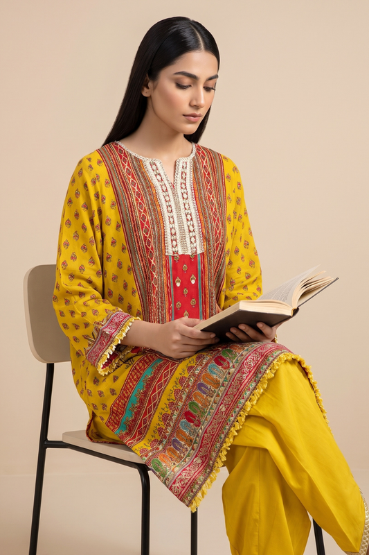 Mustard Crepe Readymade Suit And Plazzo with Cotton Dupatta