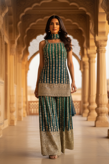 Regal Charm Bottle Green Georgette Readymade Sharara Set With Net Dupatta