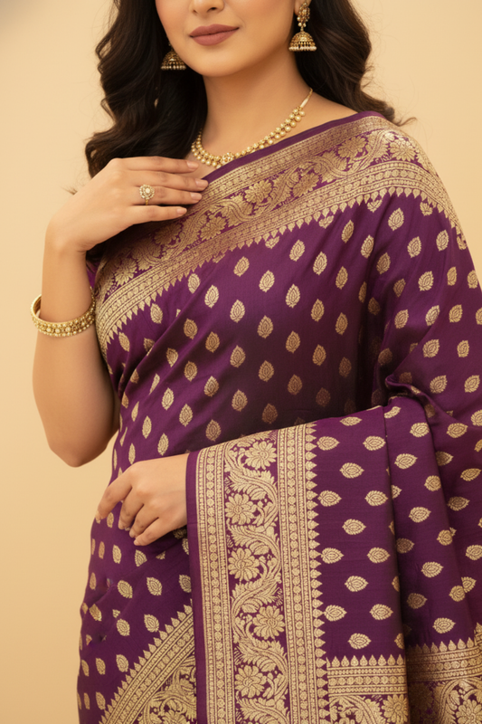 Deep Hues Wine Banarasi Silk Saree With Unstitched Blouse