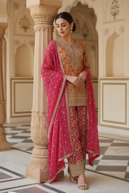 Orange Rani Georgette Readymade Suit & Palazzo Pant With georgette Dupatta
