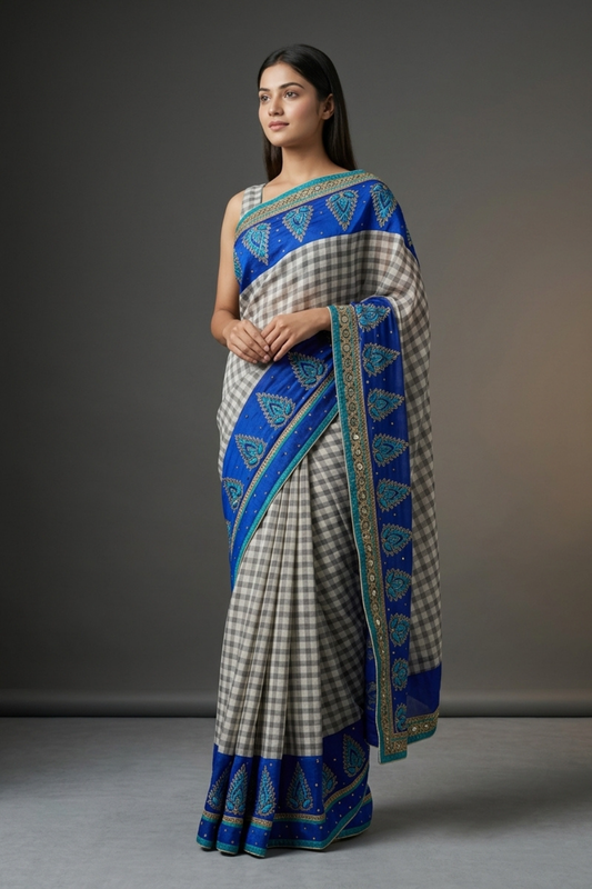 Grey Tussar Embroidered Saree With Unstitched Blouse