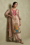 Off White Rani Crepe Readymade Suit And Plazzo with Crepe Dupatta