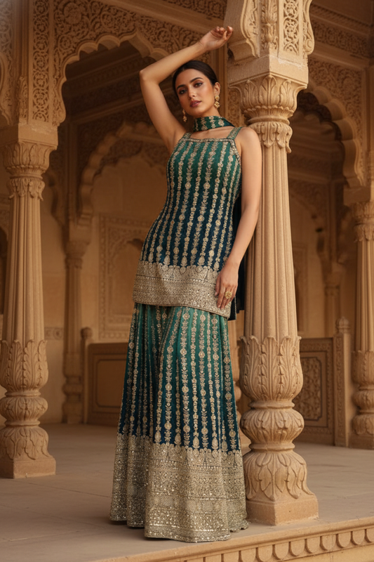 Regal Charm Bottle Green Georgette Readymade Sharara Set With Net Dupatta