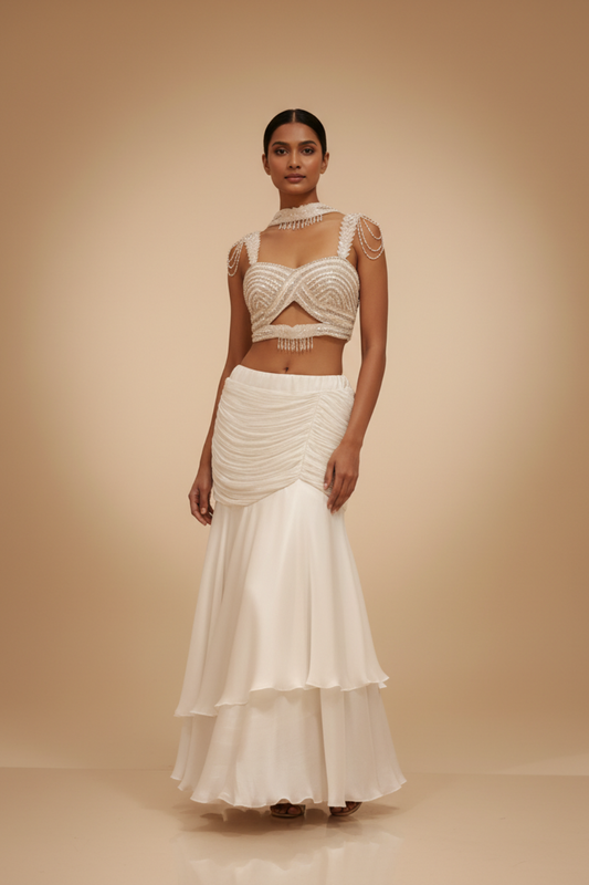 White Chinon Lehenga Set And Net Dupatta With Readymade Blouse