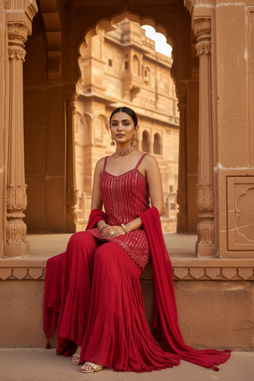 Heritage Heirloom Maroon Georgette Readymade Sharara Set With Georgette Dupatta