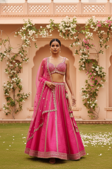 Rani Cotton Silk Lehenga Set And Net Dupatta With Readymade Blouse