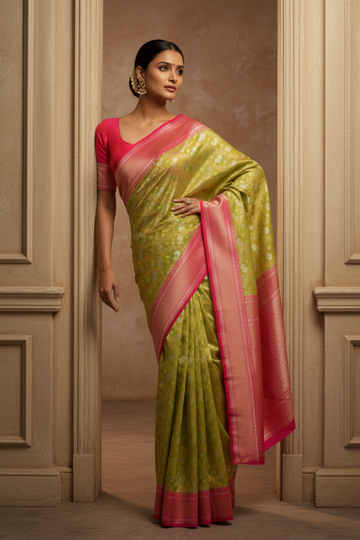 Wrapped In Elegance Pista Banarasi Silk Saree With Unstitched Blouse
