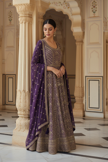 Purple Georgette Floor Length Readymade Suit & Leggings With Chinon Dupatta