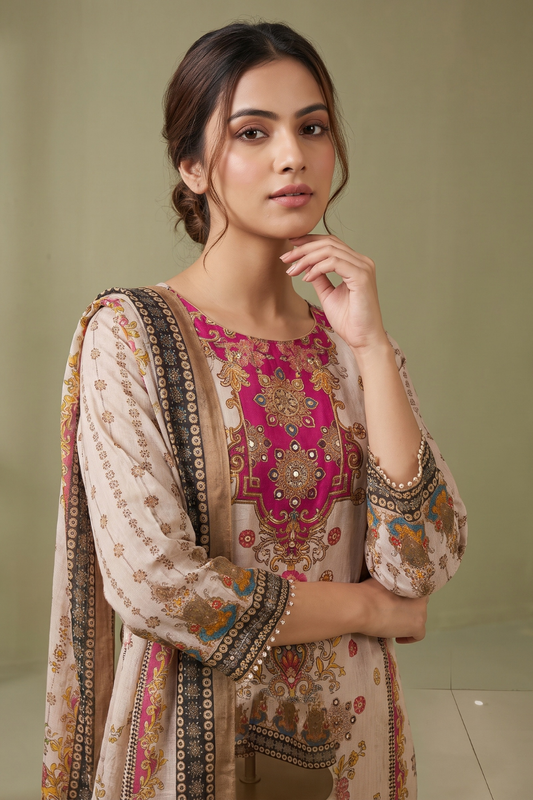 Off White Rani Crepe Readymade Suit And Plazzo with Crepe Dupatta