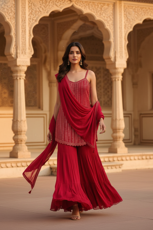 Heritage Heirloom Maroon Georgette Readymade Sharara Set With Georgette Dupatta