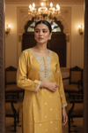 Mustard Shimmer Readymade Suit & Palazzo Pant With Chinon Dupatta