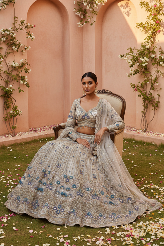 Tussar Net Lehenga Set And Net Dupatta With Readymade Blouse