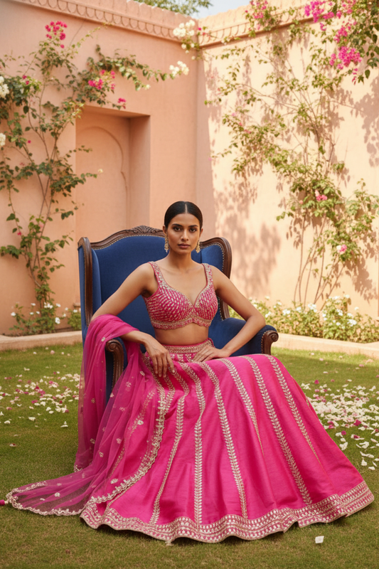 Rani Cotton Silk Lehenga Set And Net Dupatta With Readymade Blouse