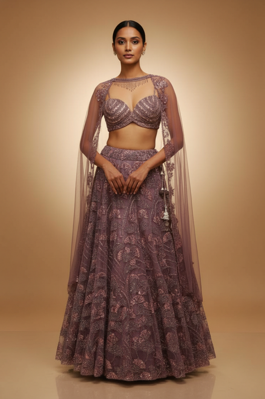 Mauve Net Lehenga Set And Net Dupatta With Readymade Blouse