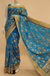 Dark Firozi Crepe Embroidered Saree With Unstitched Blouse