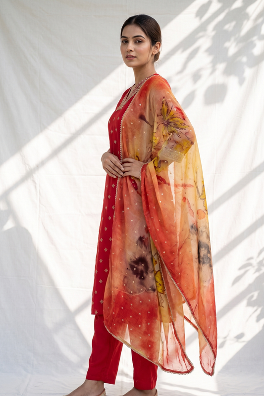 Rust Cotton Readymade Suit And Plazzo with Cotton Dupatta
