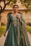 Bottle Green Tissue Readymade Sharara Set With Net Dupatta