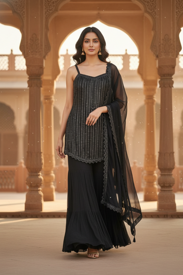 Bold Statement Black Georgette Readymade Sharara Set With Georgette Dupatta