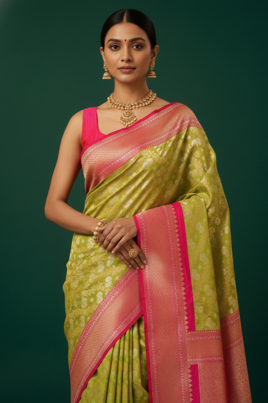 Wrapped In Elegance Pista Banarasi Silk Saree With Unstitched Blouse