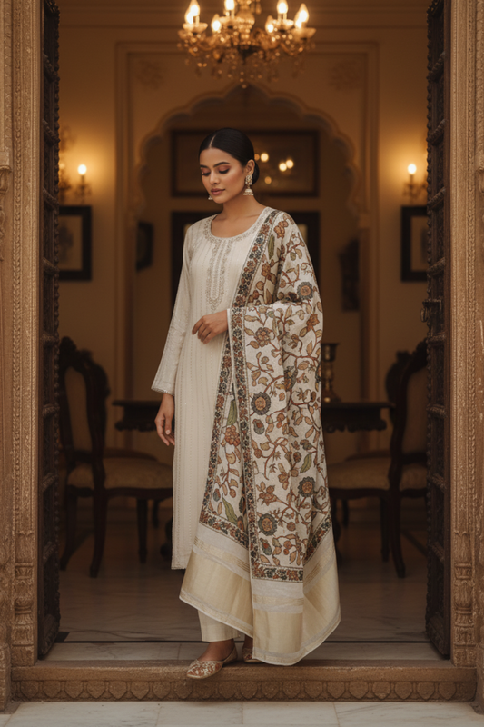 Tussar Dola Readymade Suit And Palazzo Pant With Organza Dupatta