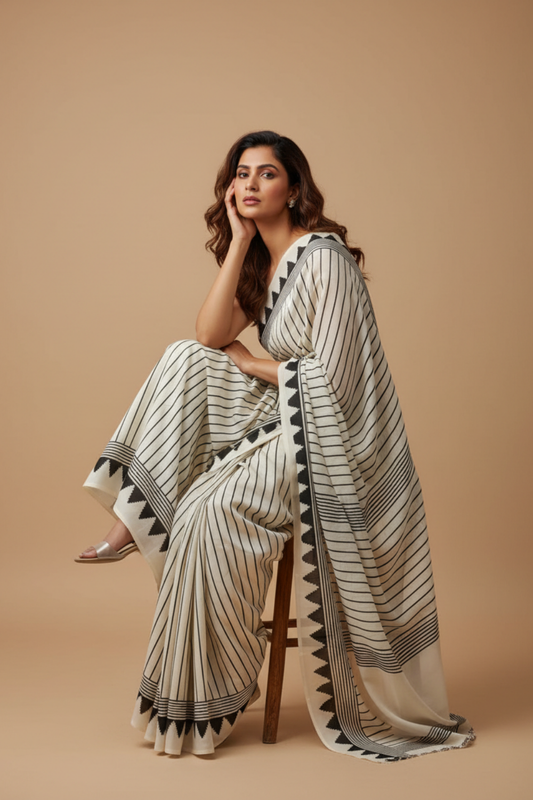 White Satin Digital Printed Saree With Unstitched Blouse