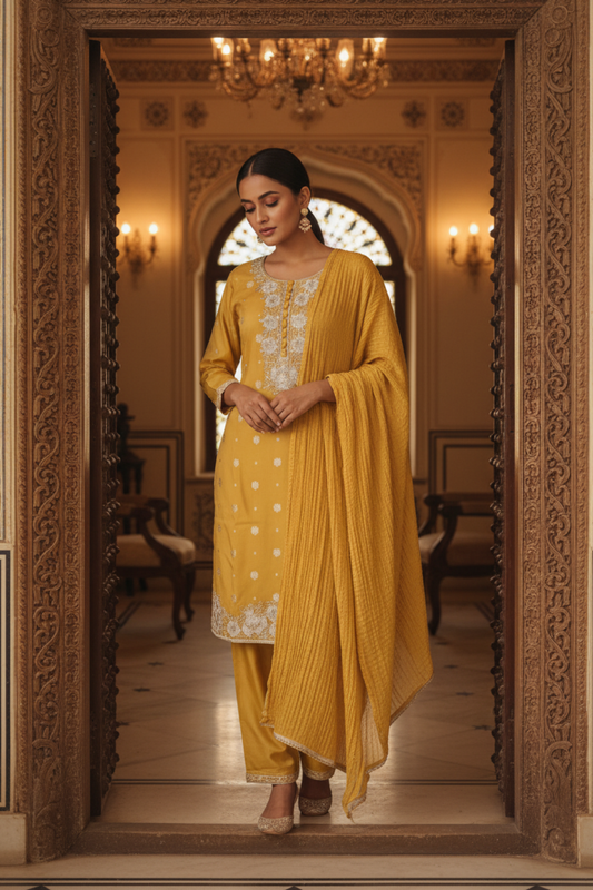 Mustard Shimmer Readymade Suit & Palazzo Pant With Chinon Dupatta