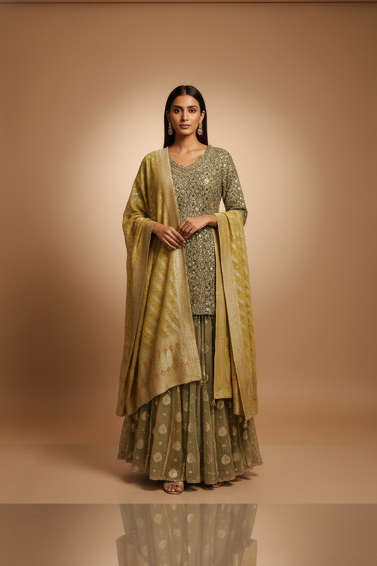 Pista Organza Lehenga Set And Net Dupatta With Readymade Blouse