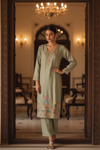 Olive Organza Readymade Suit & Palazzo Pant With Organza Dupatta