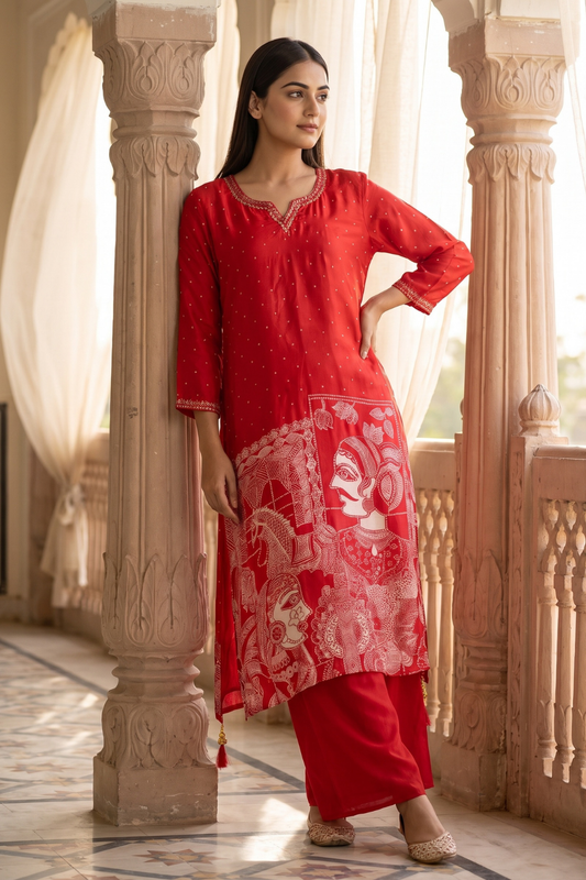 Red Satin Readymade Suit And Plazzo Set