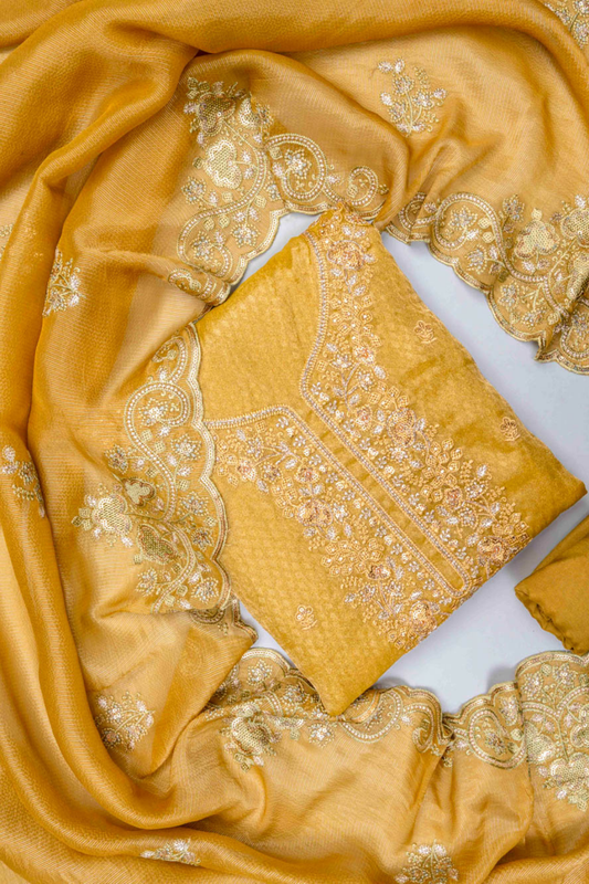 Mustard Organza Unstitched Salwar Suit With Organza Dupatta