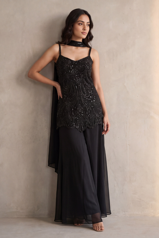 Bold Statement Black Georgette Readymade Suit And sharara With Georgette Dupatta