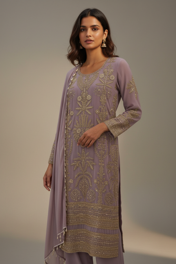 Mauve Georgette Readymade Suit & Palazzo Pant With Georgette Dupatta