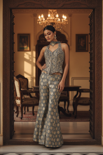 Grey Organza Tissue Readymade Short Top Sharara Set With Chinon Dupatta