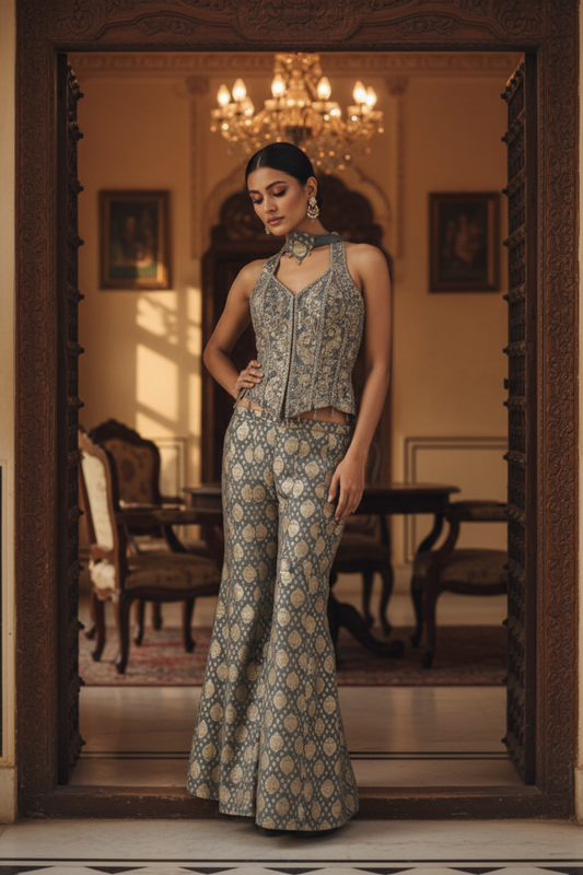Grey Organza Tissue Readymade Short Top Sharara Set With Chinon Dupatta