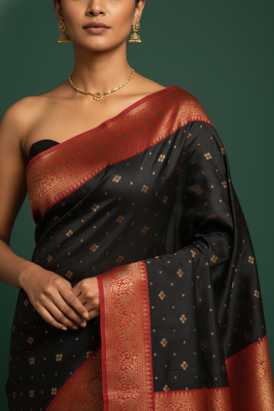 Bold Statement Black Cotton Silk Saree With Unstitched Blouse