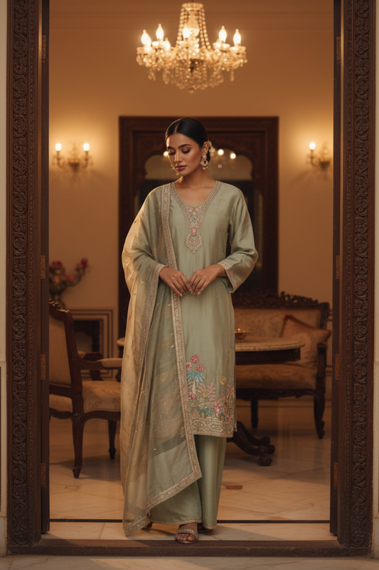 Olive Organza Readymade Suit & Palazzo Pant With Organza Dupatta