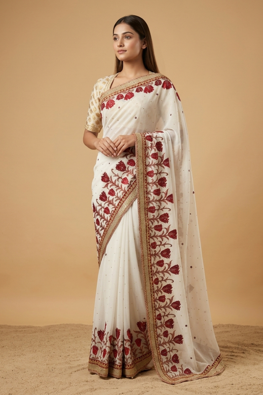 White Chiffon Embroidered Saree With Unstitched Blouse