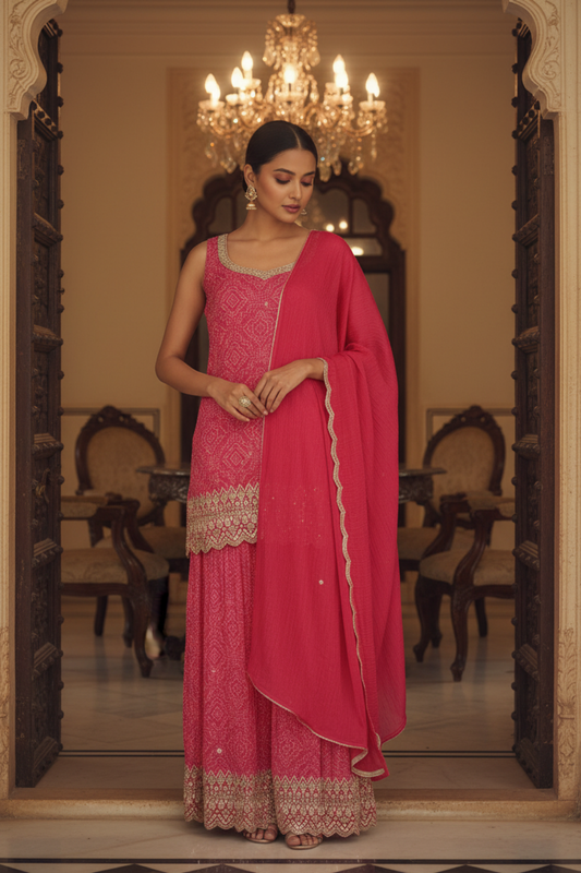 Rani Chinon Readymade Sharara Set With Chinon Dupatta