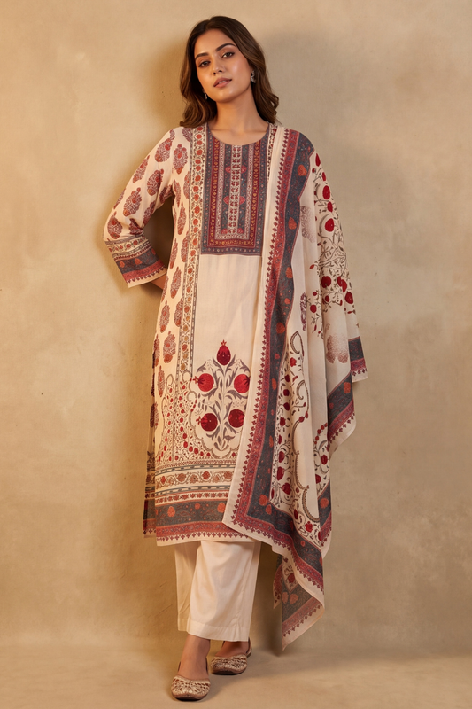 Effortlessly beautiful Off White Cotton Readymade Suit And Plazzo with Cotton Dupatta