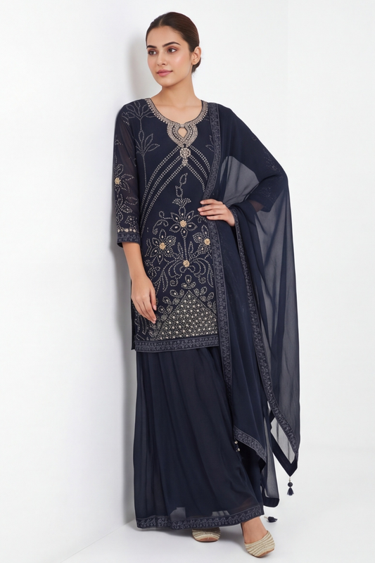 Bold Statement Black Crepe Readymade Suit And Plazzo with Organza Dupatta
