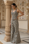 Grey Organza Tissue Readymade Short Top Sharara Set With Chinon Dupatta