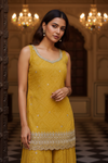 Mustard Chinon Readymade Sharara Set With Chinon Dupatta