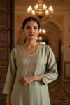 Olive Organza Readymade Suit & Palazzo Pant With Organza Dupatta